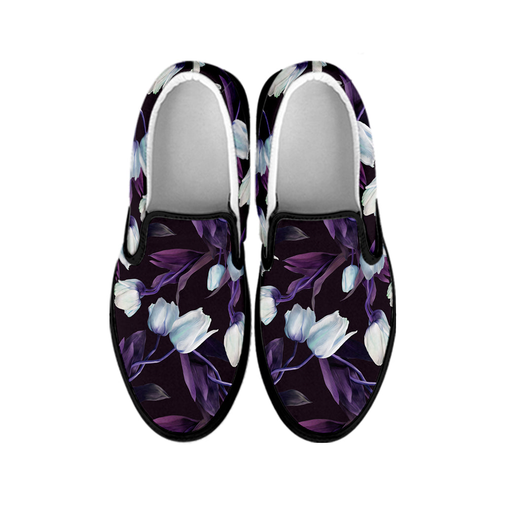 White And Purple Tulip Pattern Print Black Slip On Shoes