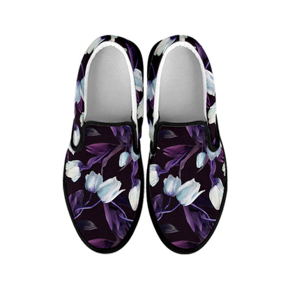 White And Purple Tulip Pattern Print Black Slip On Shoes