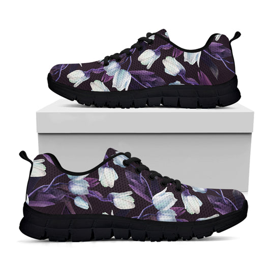 White And Purple Tulip Pattern Print Black Sneakers