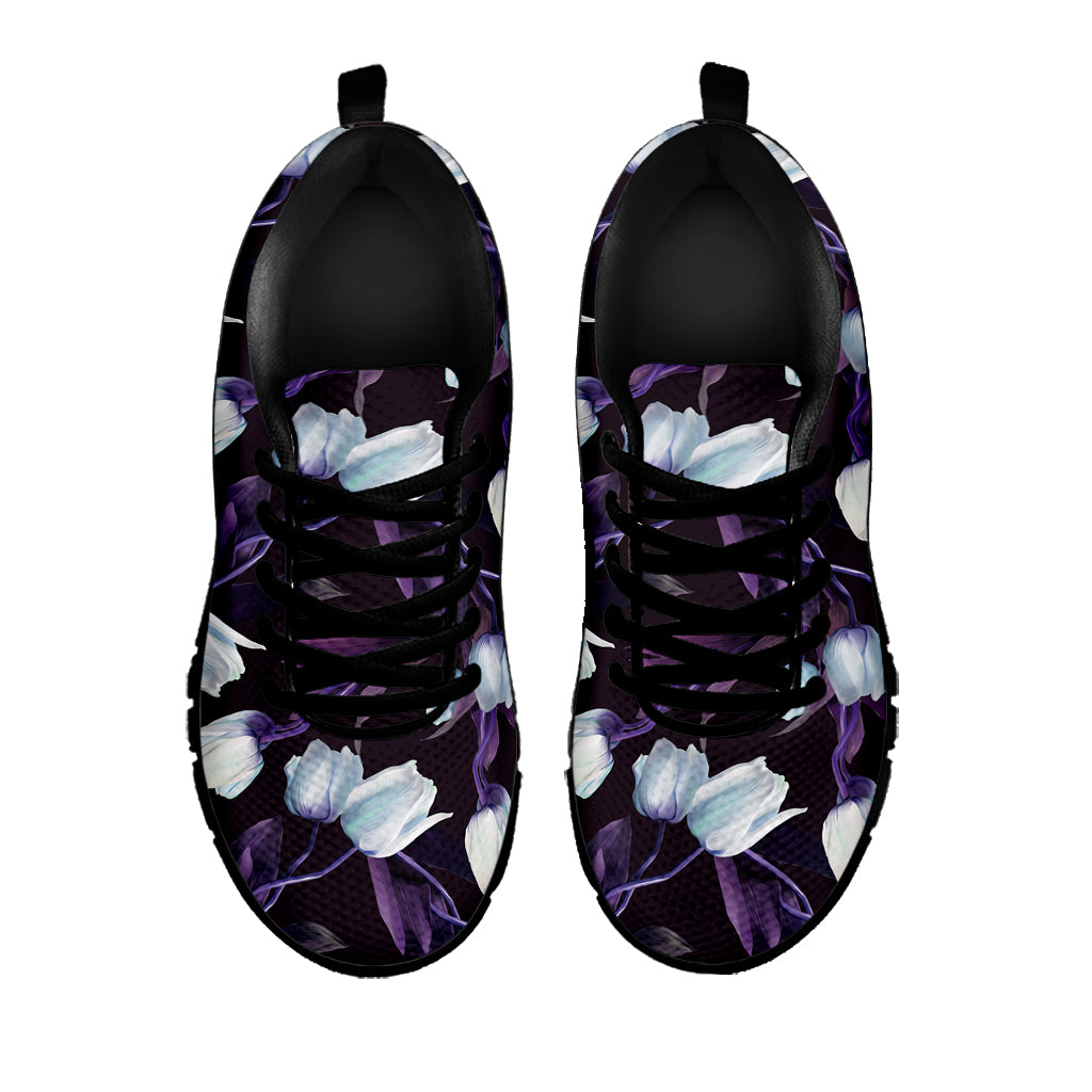 White And Purple Tulip Pattern Print Black Sneakers