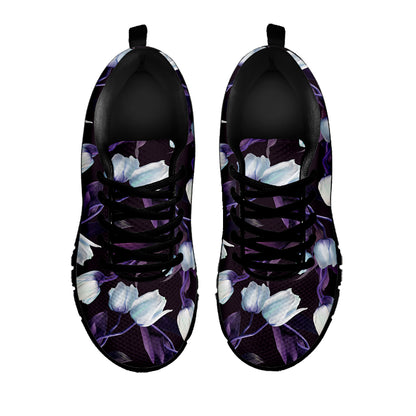 White And Purple Tulip Pattern Print Black Sneakers