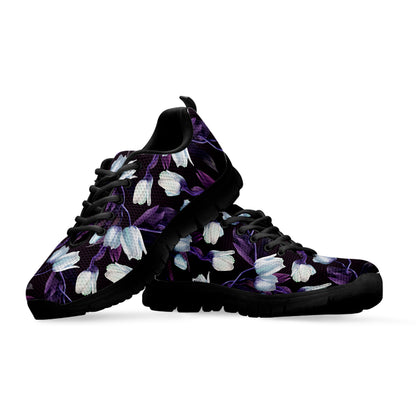 White And Purple Tulip Pattern Print Black Sneakers