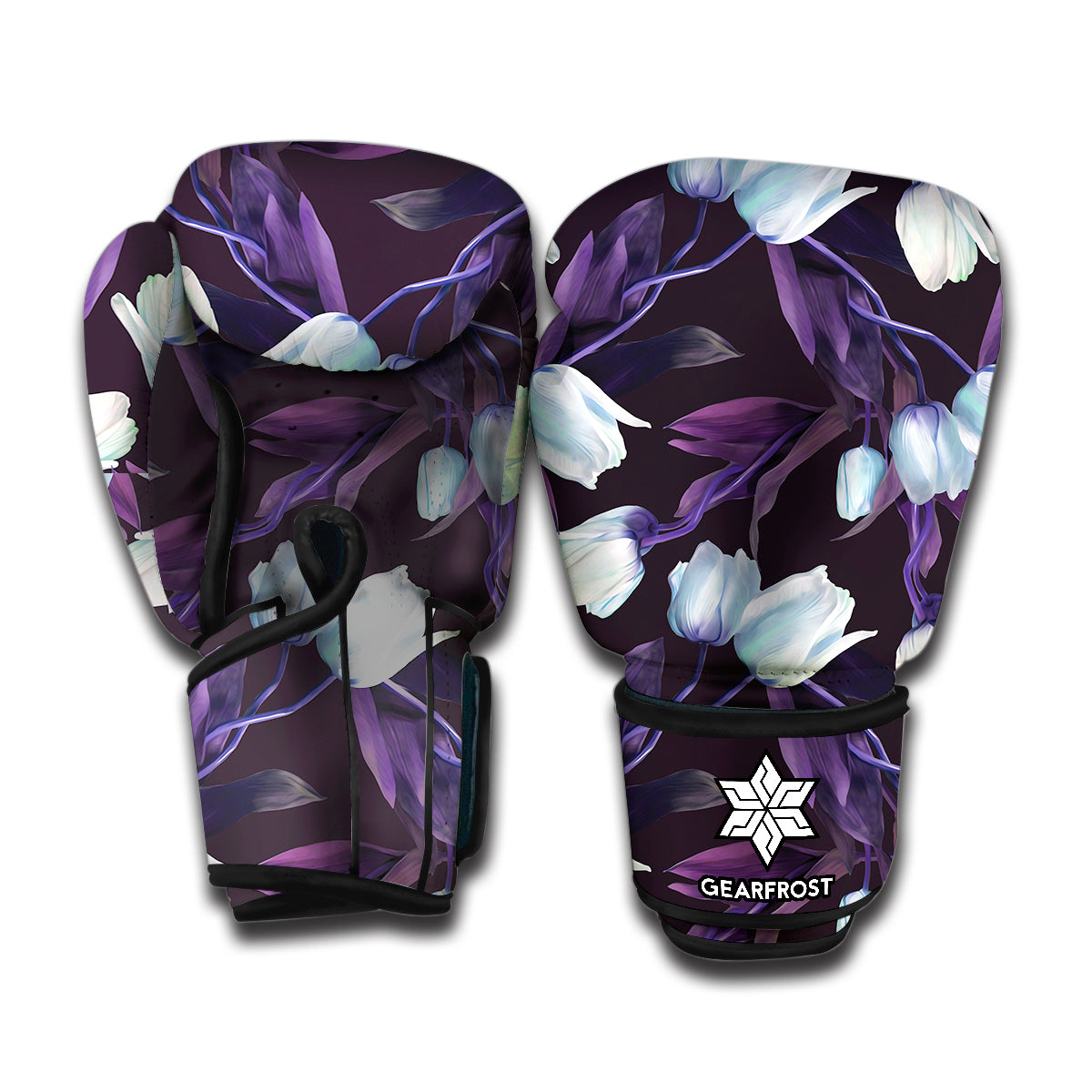 White And Purple Tulip Pattern Print Boxing Gloves