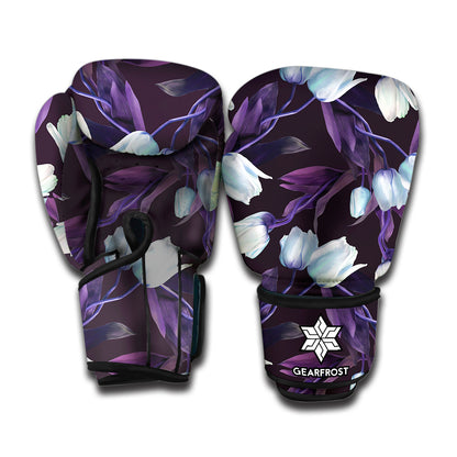 White And Purple Tulip Pattern Print Boxing Gloves