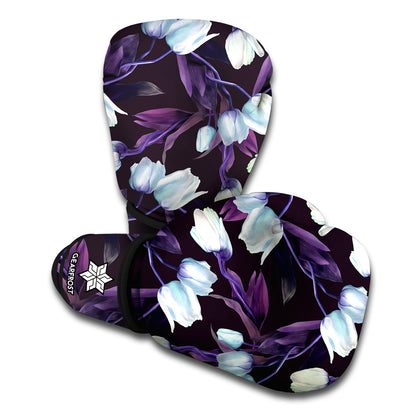 White And Purple Tulip Pattern Print Boxing Gloves