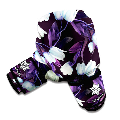 White And Purple Tulip Pattern Print Boxing Gloves