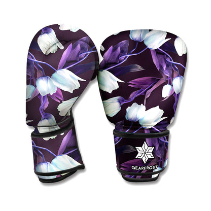 White And Purple Tulip Pattern Print Boxing Gloves