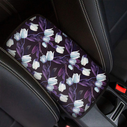 White And Purple Tulip Pattern Print Car Center Console Cover