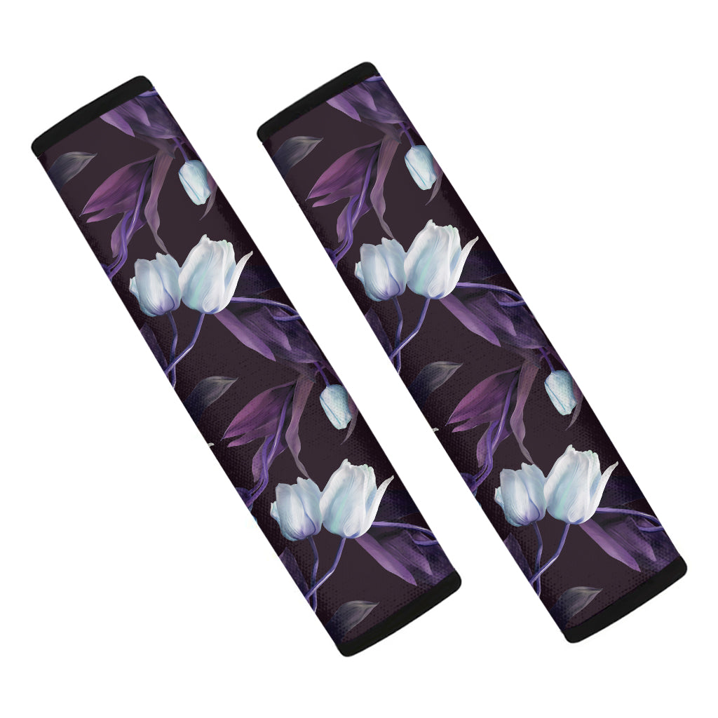 White And Purple Tulip Pattern Print Car Seat Belt Covers