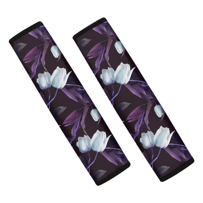 White And Purple Tulip Pattern Print Car Seat Belt Covers