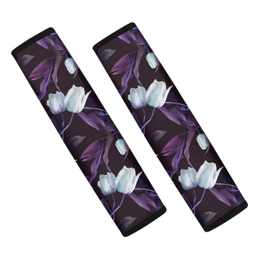White And Purple Tulip Pattern Print Car Seat Belt Covers