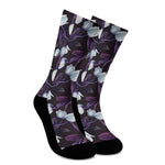 White And Purple Tulip Pattern Print Crew Socks