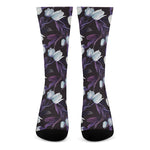White And Purple Tulip Pattern Print Crew Socks