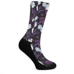 White And Purple Tulip Pattern Print Crew Socks