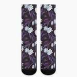 White And Purple Tulip Pattern Print Crew Socks