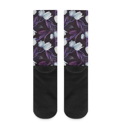 White And Purple Tulip Pattern Print Crew Socks