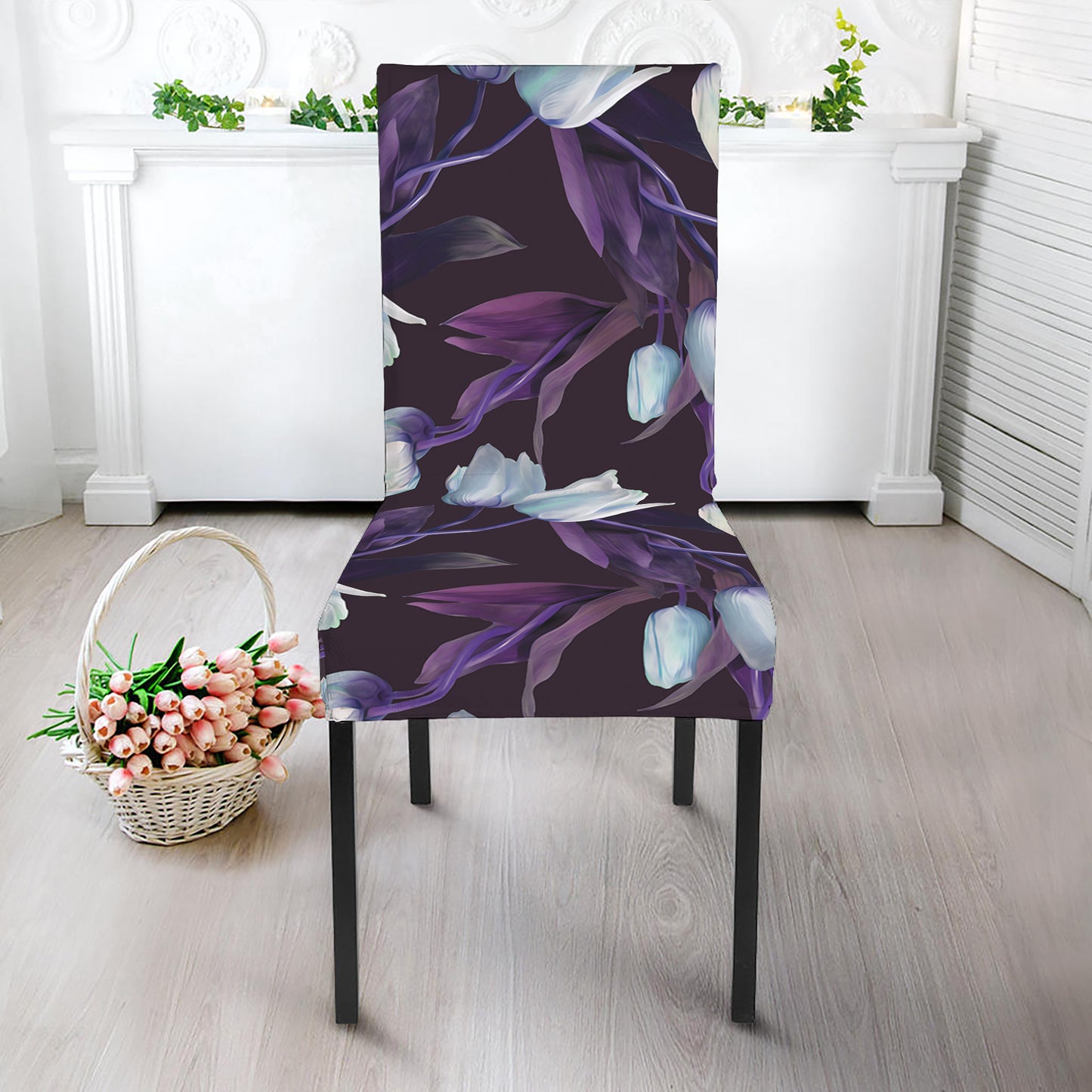 White And Purple Tulip Pattern Print Dining Chair Slipcover