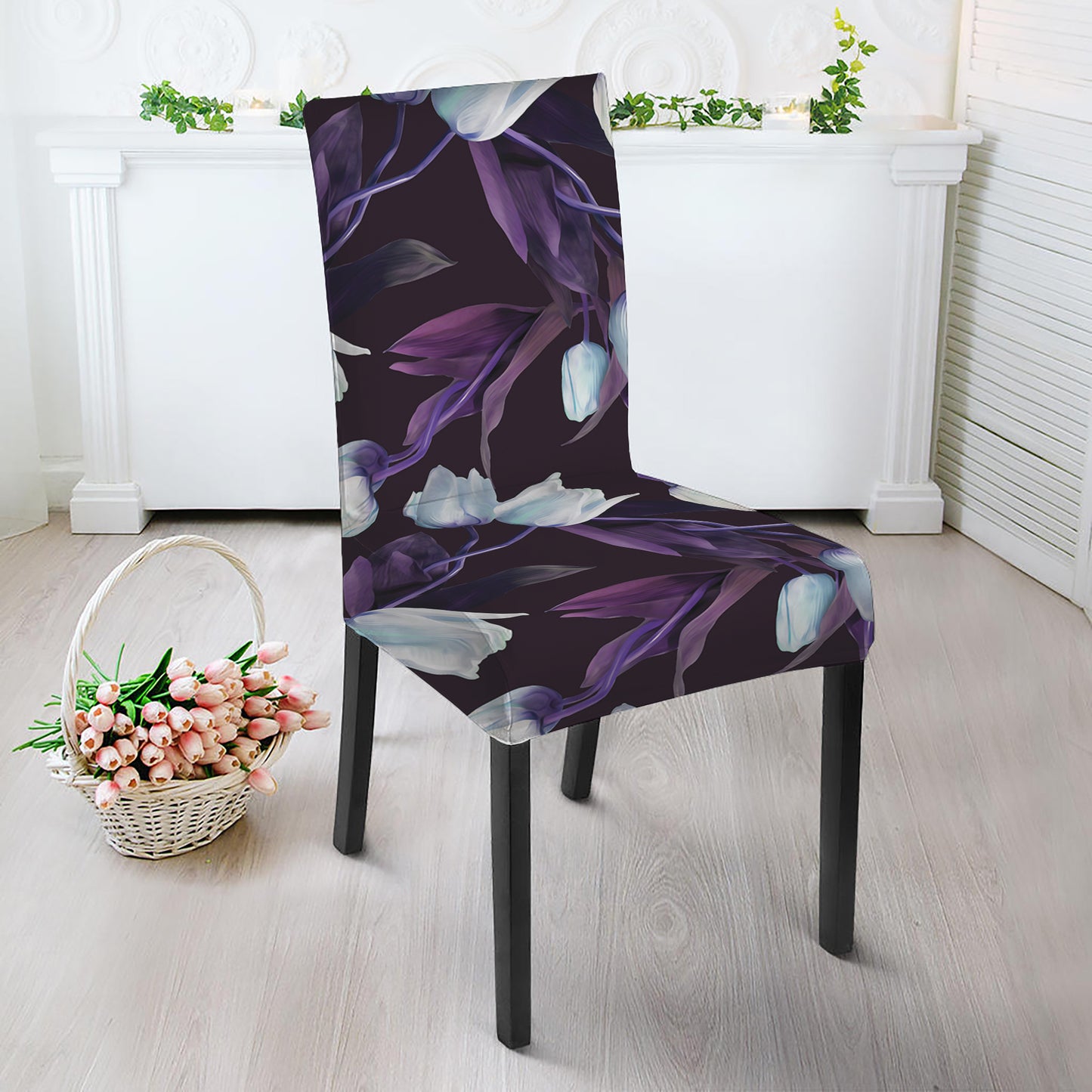 White And Purple Tulip Pattern Print Dining Chair Slipcover
