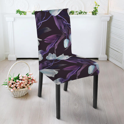 White And Purple Tulip Pattern Print Dining Chair Slipcover