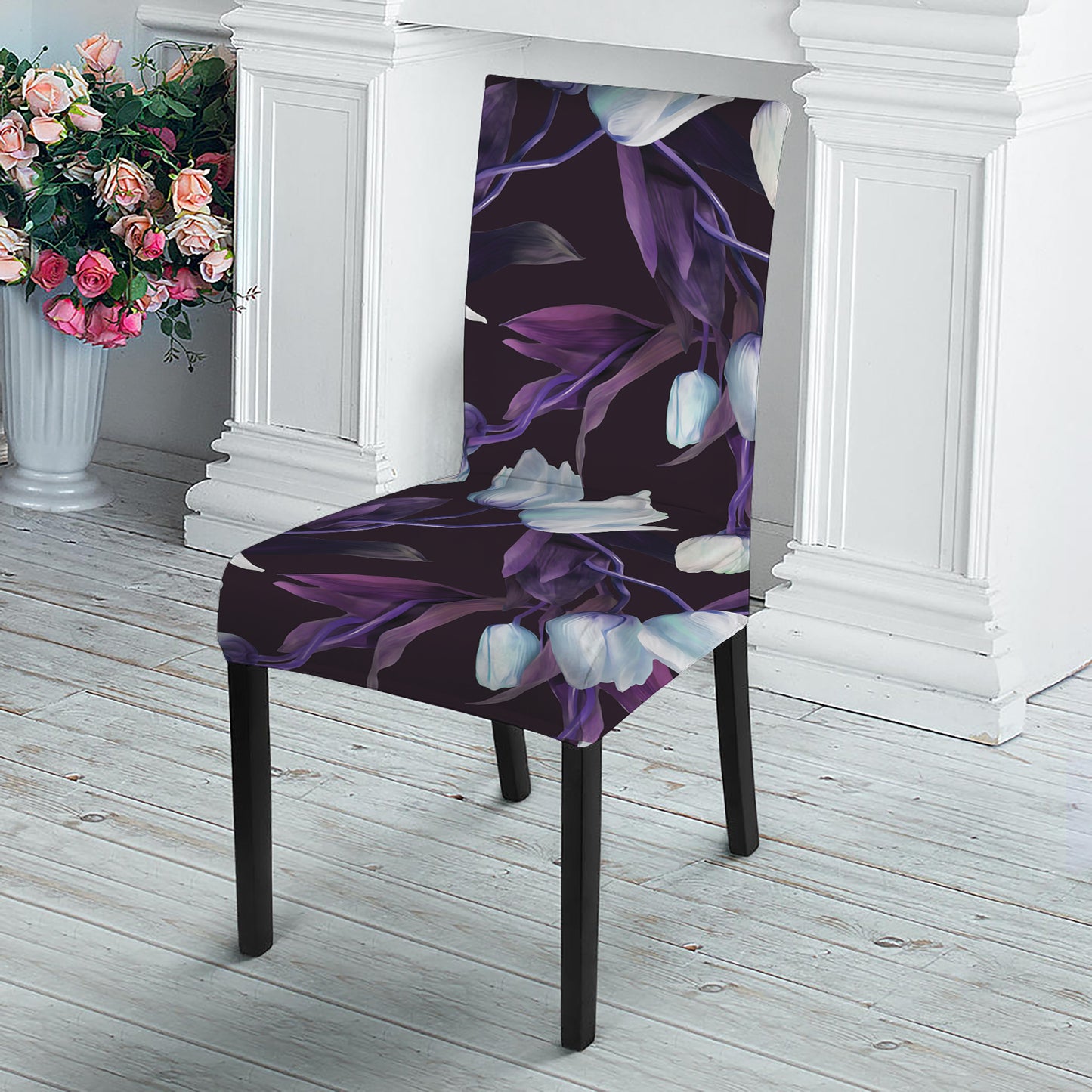 White And Purple Tulip Pattern Print Dining Chair Slipcover