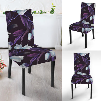 White And Purple Tulip Pattern Print Dining Chair Slipcover