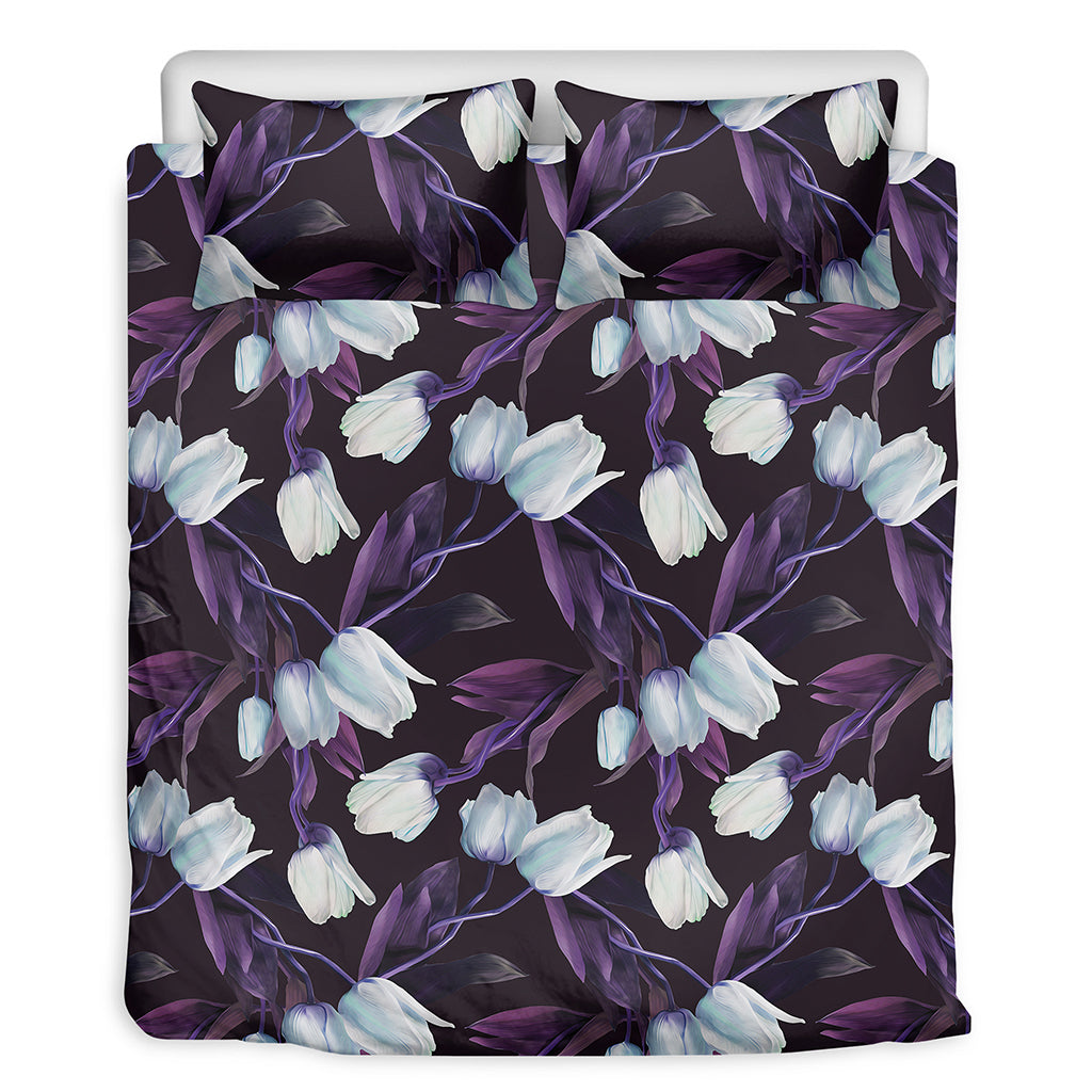 White And Purple Tulip Pattern Print Duvet Cover Bedding Set