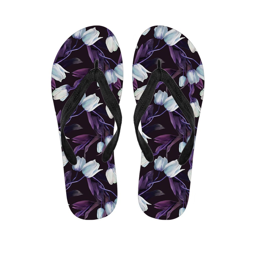 White And Purple Tulip Pattern Print Flip Flops