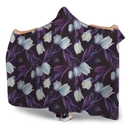White And Purple Tulip Pattern Print Hooded Blanket