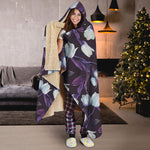 White And Purple Tulip Pattern Print Hooded Blanket