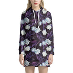 White And Purple Tulip Pattern Print Hoodie Dress