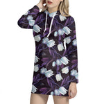 White And Purple Tulip Pattern Print Hoodie Dress