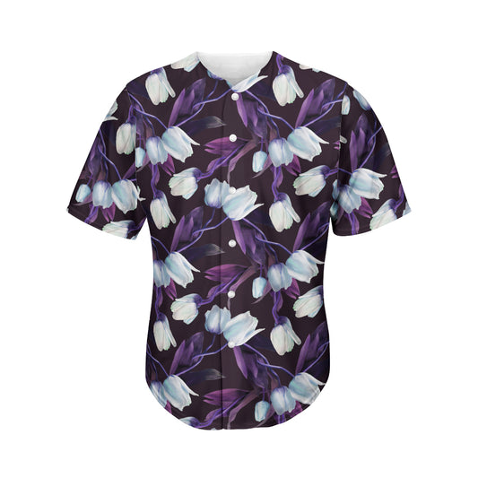 White And Purple Tulip Pattern Print Men's Baseball Jersey