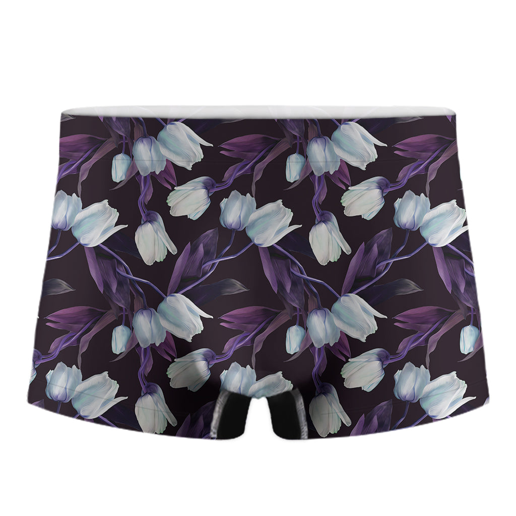 White And Purple Tulip Pattern Print Men's Boxer Briefs