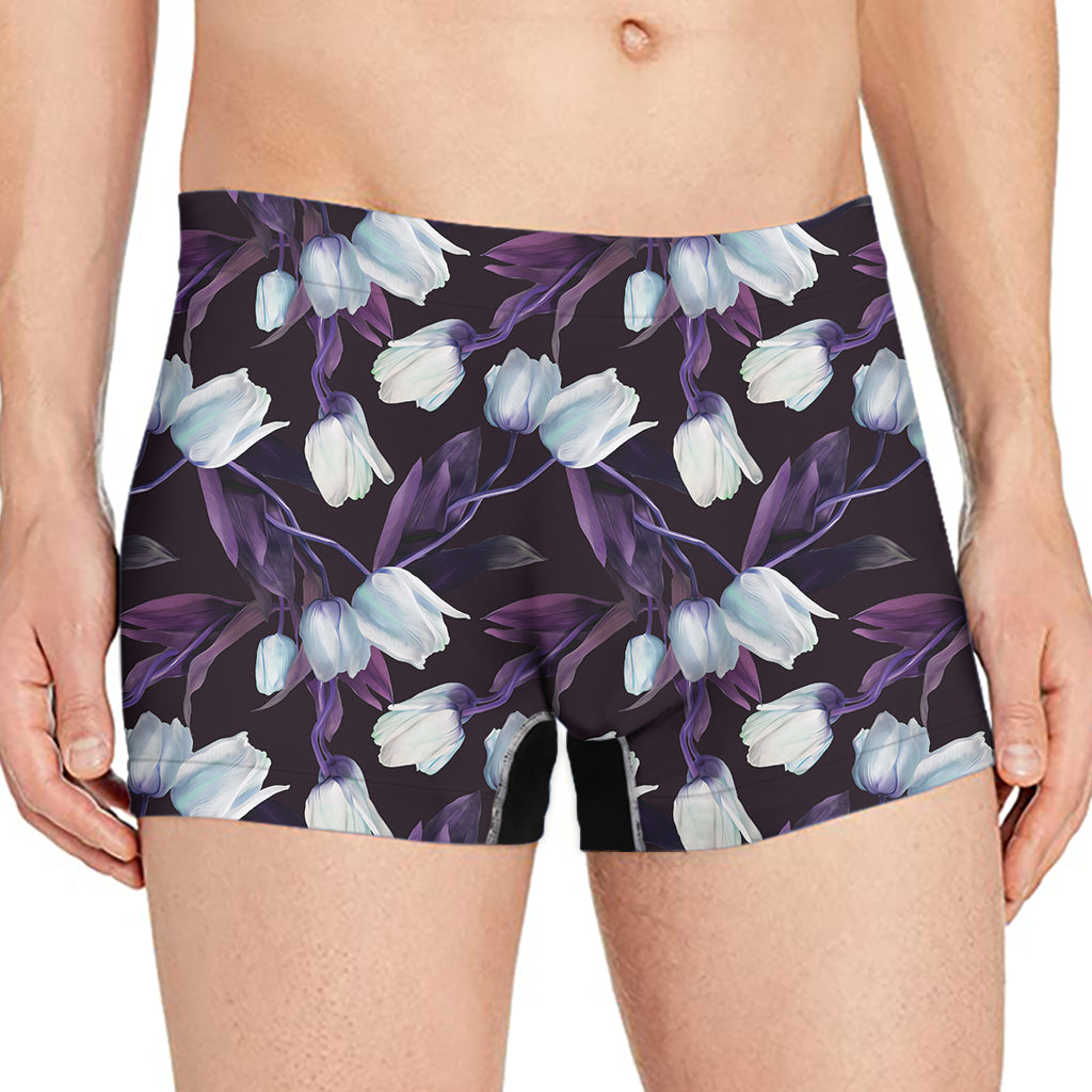 White And Purple Tulip Pattern Print Men's Boxer Briefs