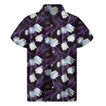 White And Purple Tulip Pattern Print Men's Short Sleeve Shirt