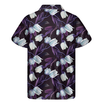 White And Purple Tulip Pattern Print Men's Short Sleeve Shirt