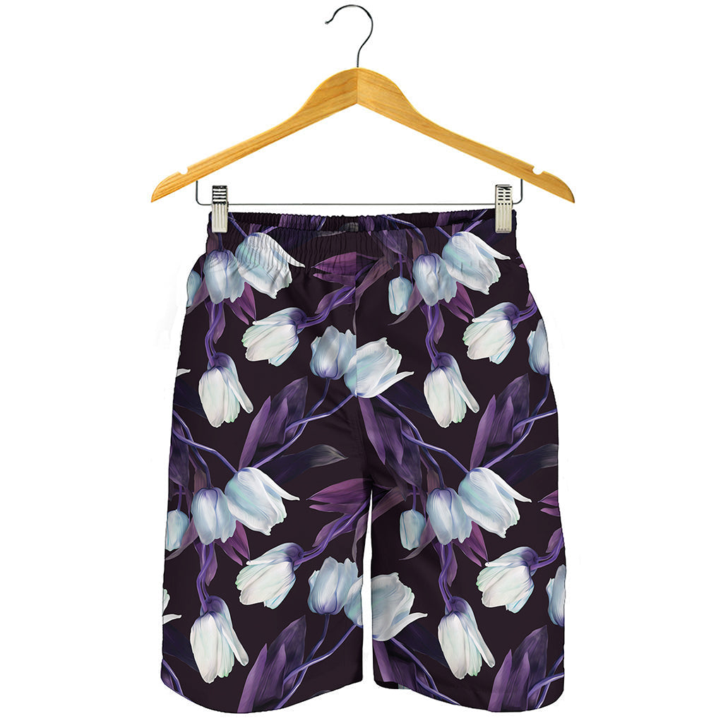White And Purple Tulip Pattern Print Men's Shorts