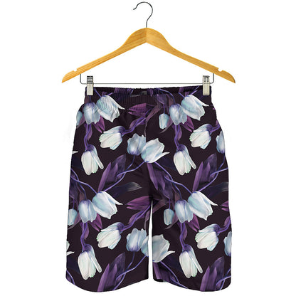 White And Purple Tulip Pattern Print Men's Shorts
