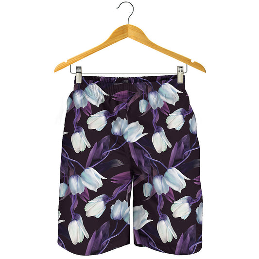 White And Purple Tulip Pattern Print Men's Shorts