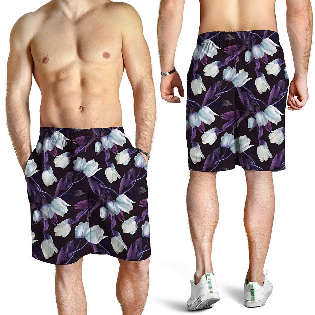 White And Purple Tulip Pattern Print Men's Shorts
