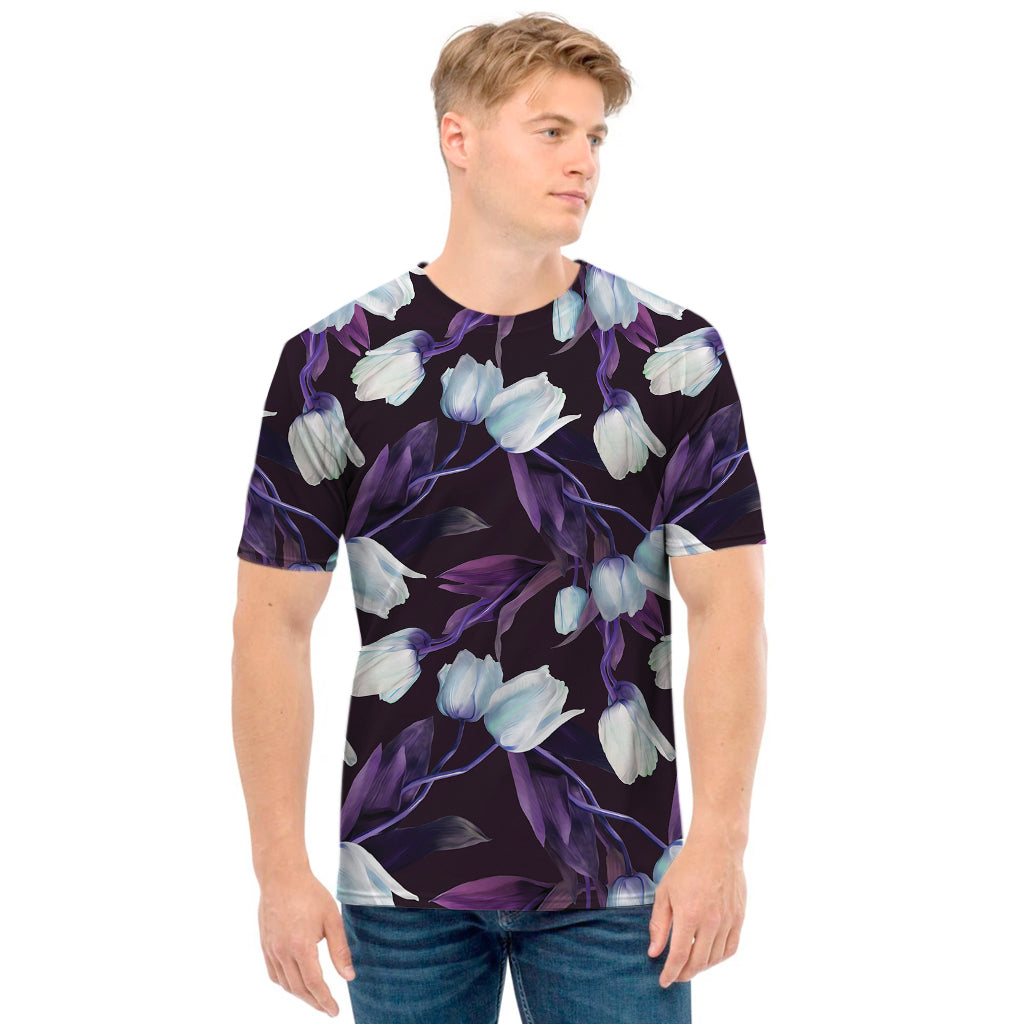 White And Purple Tulip Pattern Print Men's T-Shirt