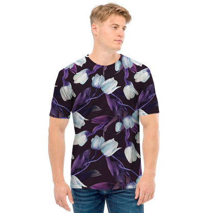 White And Purple Tulip Pattern Print Men's T-Shirt