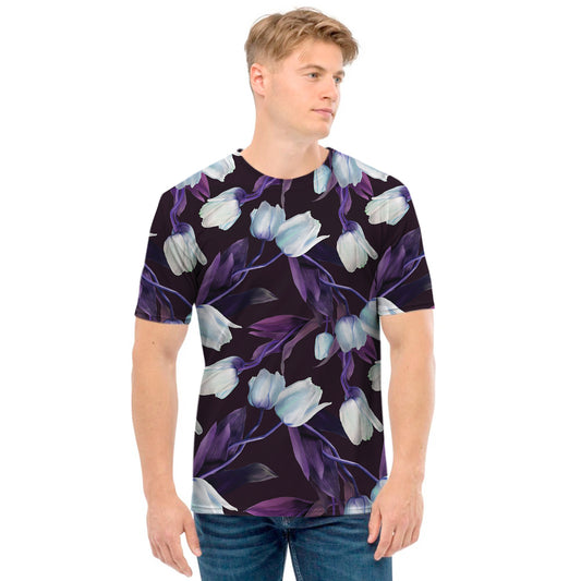 White And Purple Tulip Pattern Print Men's T-Shirt