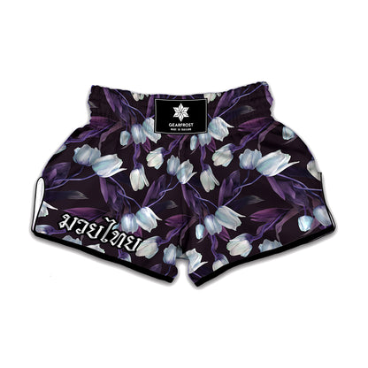 White And Purple Tulip Pattern Print Muay Thai Boxing Shorts