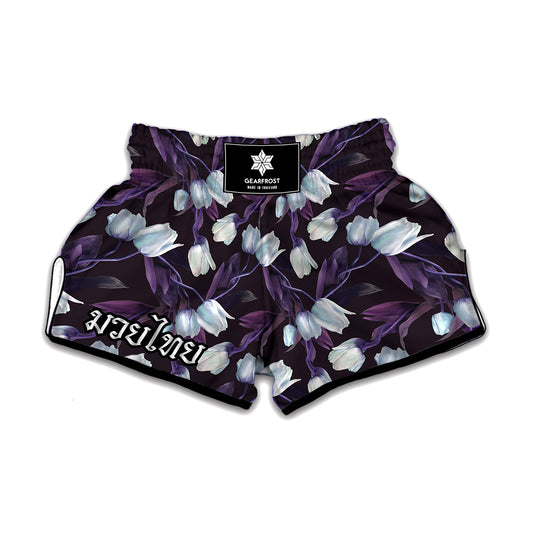 White And Purple Tulip Pattern Print Muay Thai Boxing Shorts