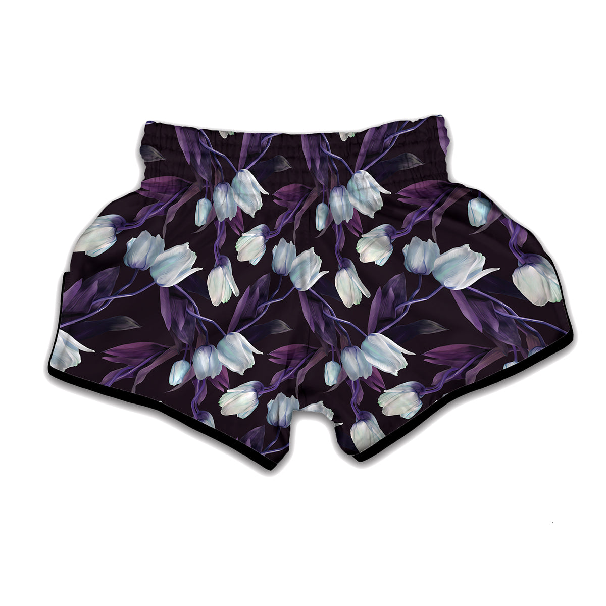 White And Purple Tulip Pattern Print Muay Thai Boxing Shorts