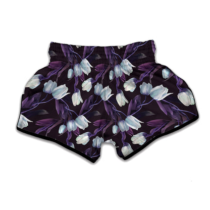 White And Purple Tulip Pattern Print Muay Thai Boxing Shorts