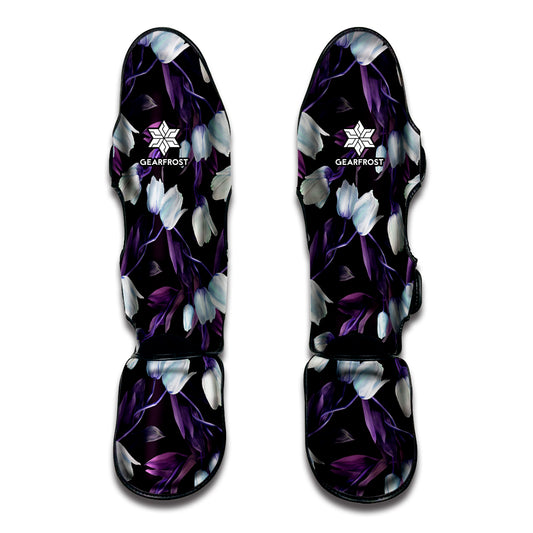 White And Purple Tulip Pattern Print Muay Thai Shin Guard