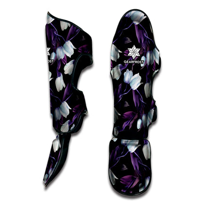 White And Purple Tulip Pattern Print Muay Thai Shin Guard