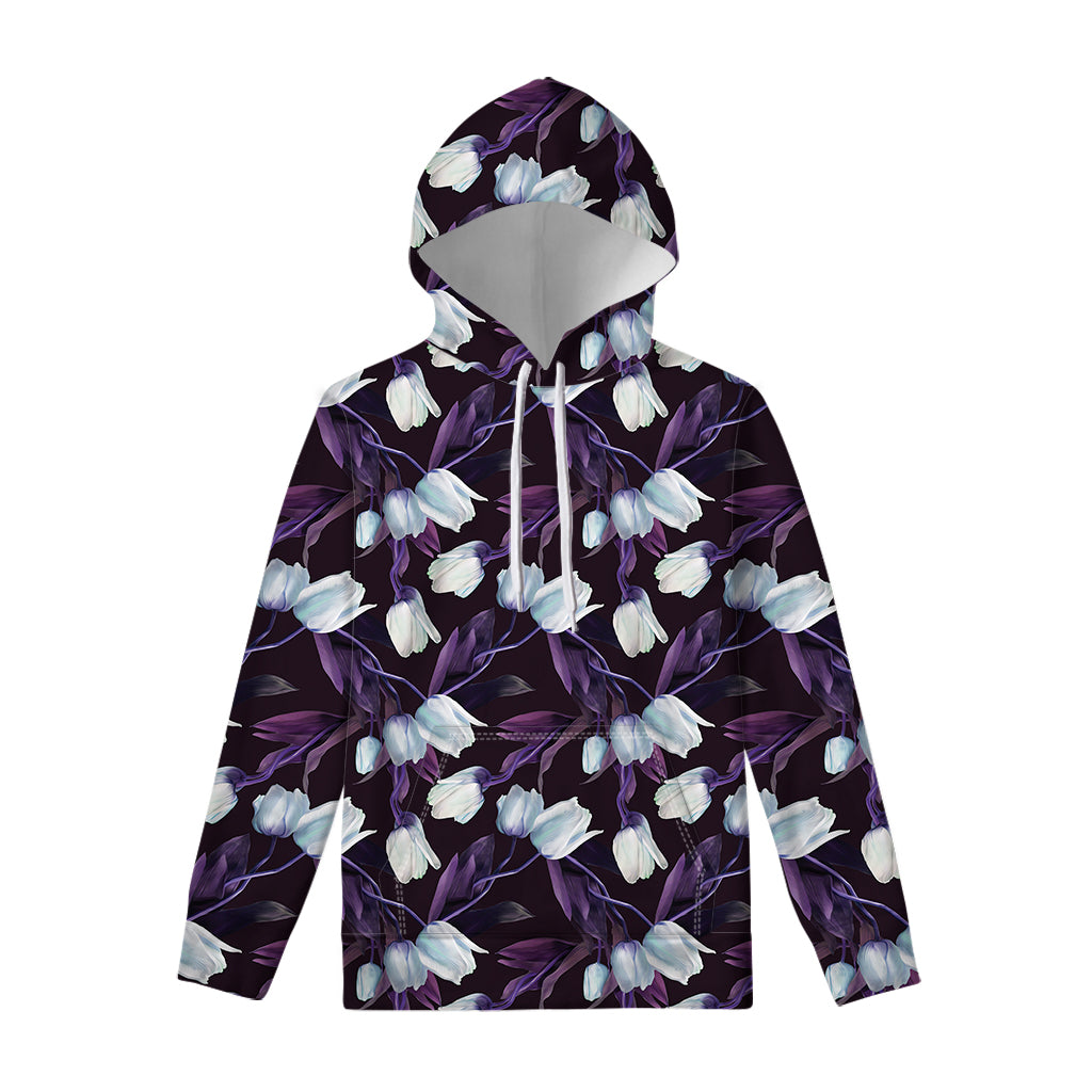 White And Purple Tulip Pattern Print Pullover Hoodie